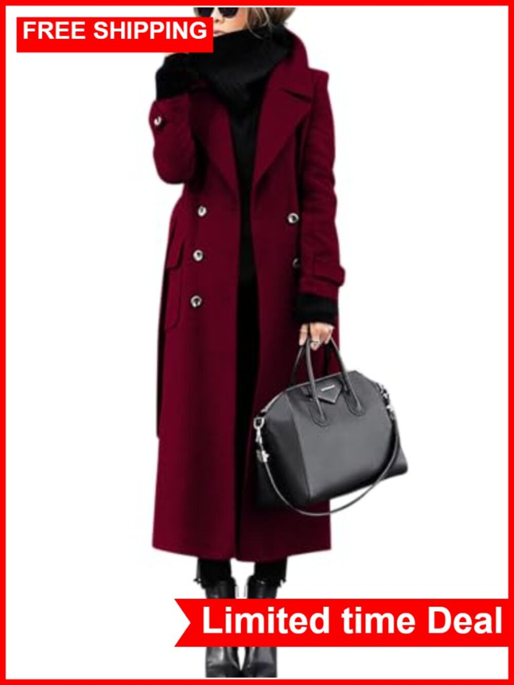 Women's Double Breasted Wool Blend Pea Coat Belted Mid Long Trench